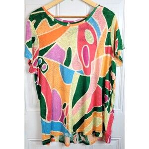 Christian Siriano Plus Size Linen Short Sleeve Top 1X Artsy Colorful